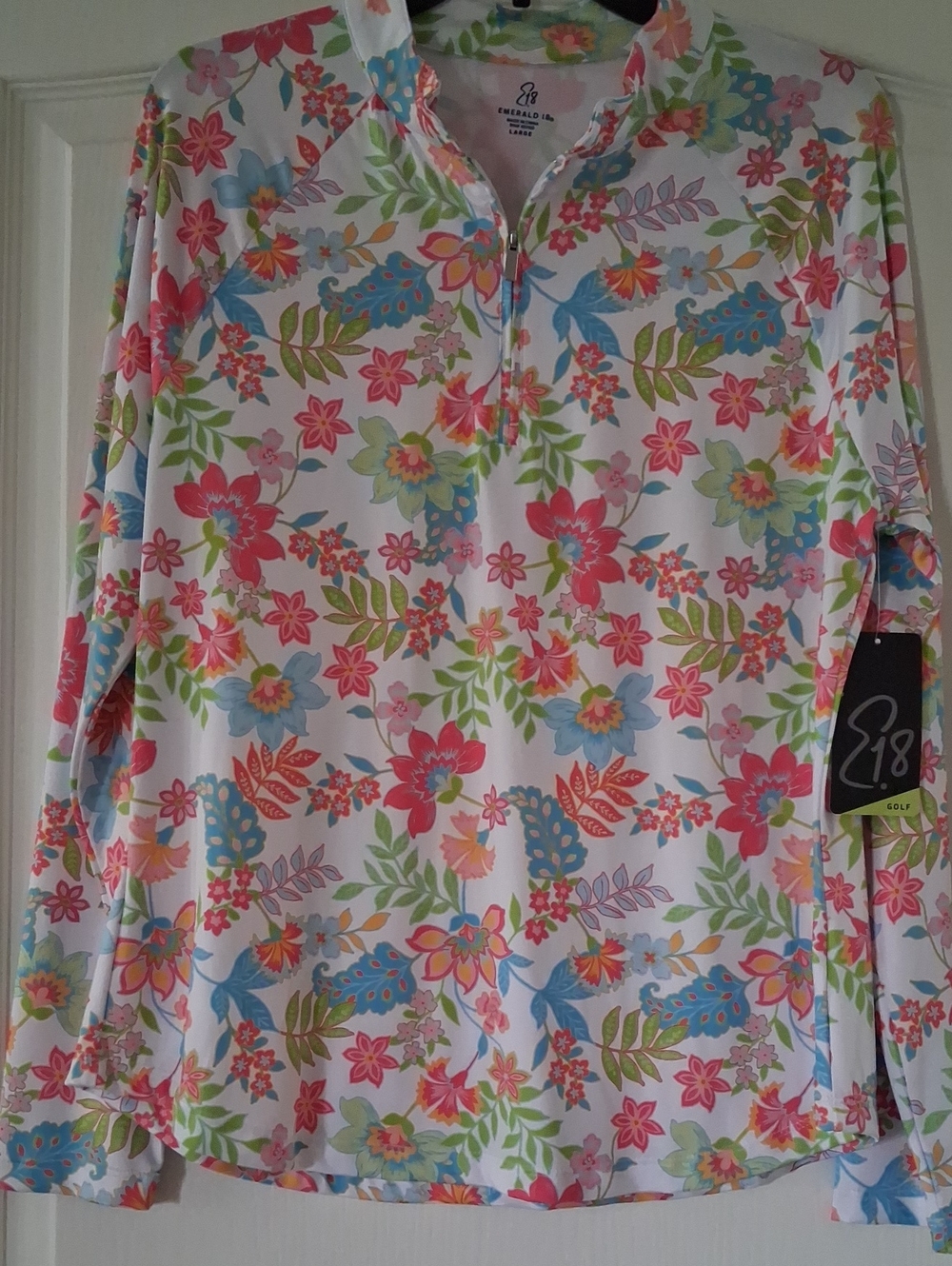 NWT Emerald Floral Zip-Front Long Sleeve Top - White Multi ( GOLF SHIRT)